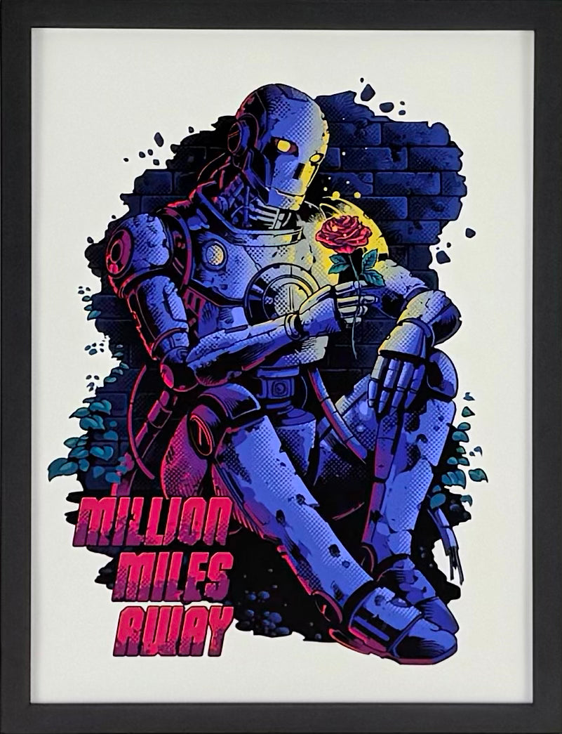 Artistic illustration of a robot holding a rose with 'Million Miles Away' text.