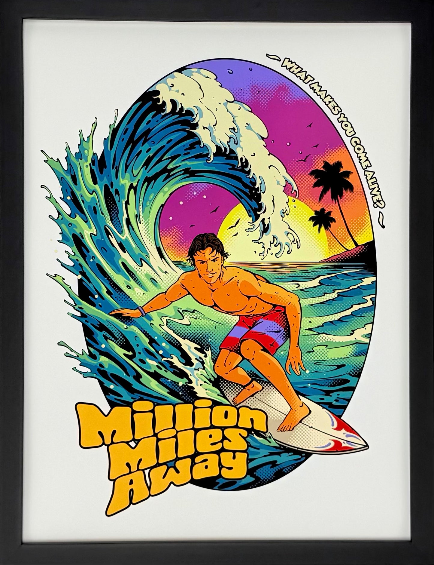 Colorful graphic of a surfer riding a wave with 'Million Miles Away' text, framed.